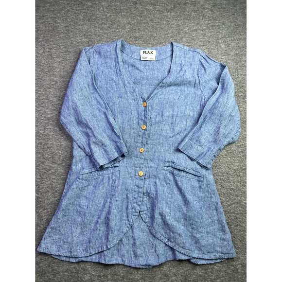 Flax Tops - FLAX Blue 100% Linen Button Down Tunic V-Neck Pocket Tulip Hem Top Small